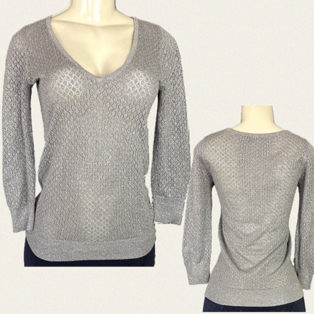 The Limited XS Gray Metallic V-Neck Open Weave Ribbed Trim 3/4 Sleeve Sweater - Picture 1 of 6